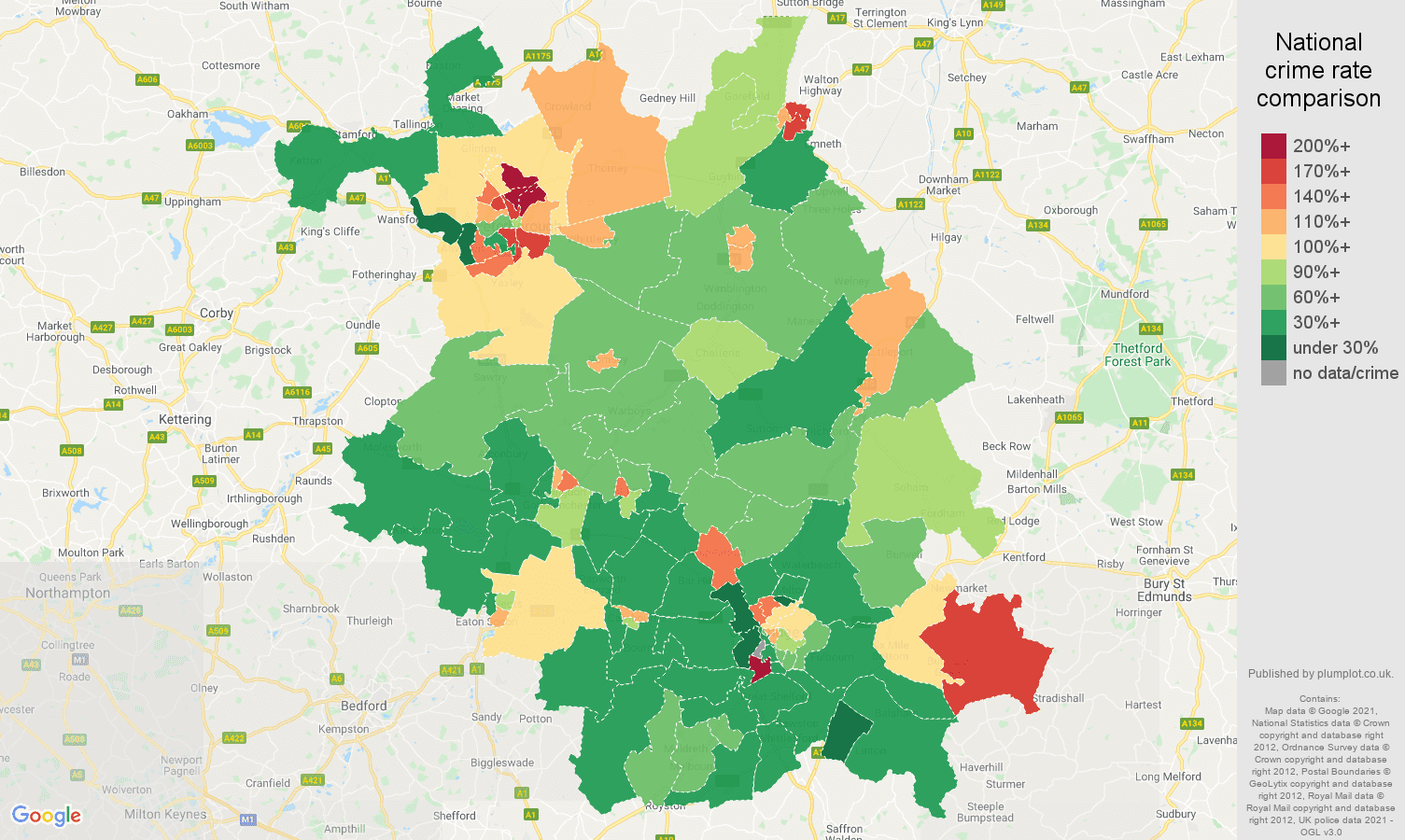 Cambridgeshire violent crime rate comparison map