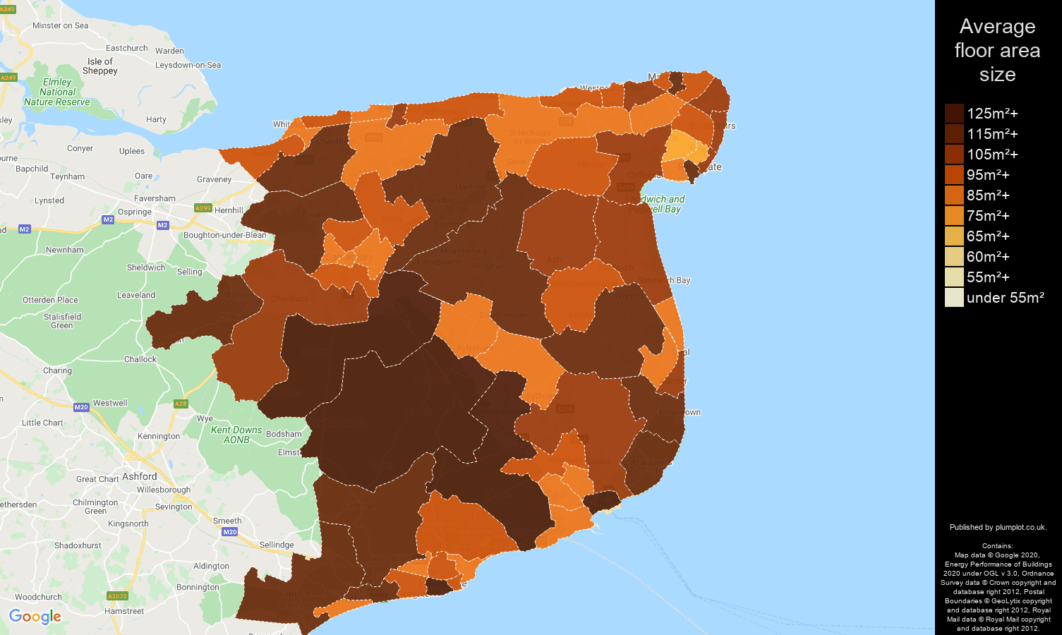 Canterbury map of average floor area size of houses