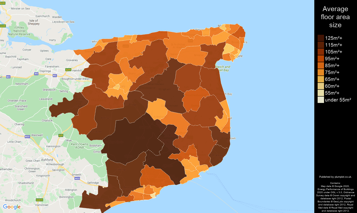 Canterbury map of average floor area size of properties