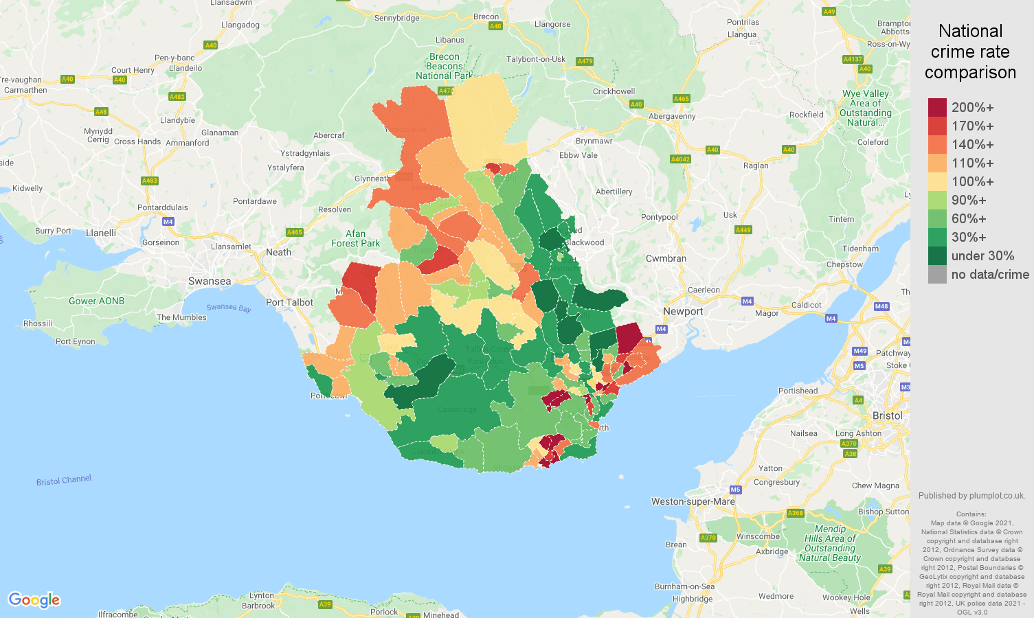 Cardiff criminal damage and arson crime rate comparison map