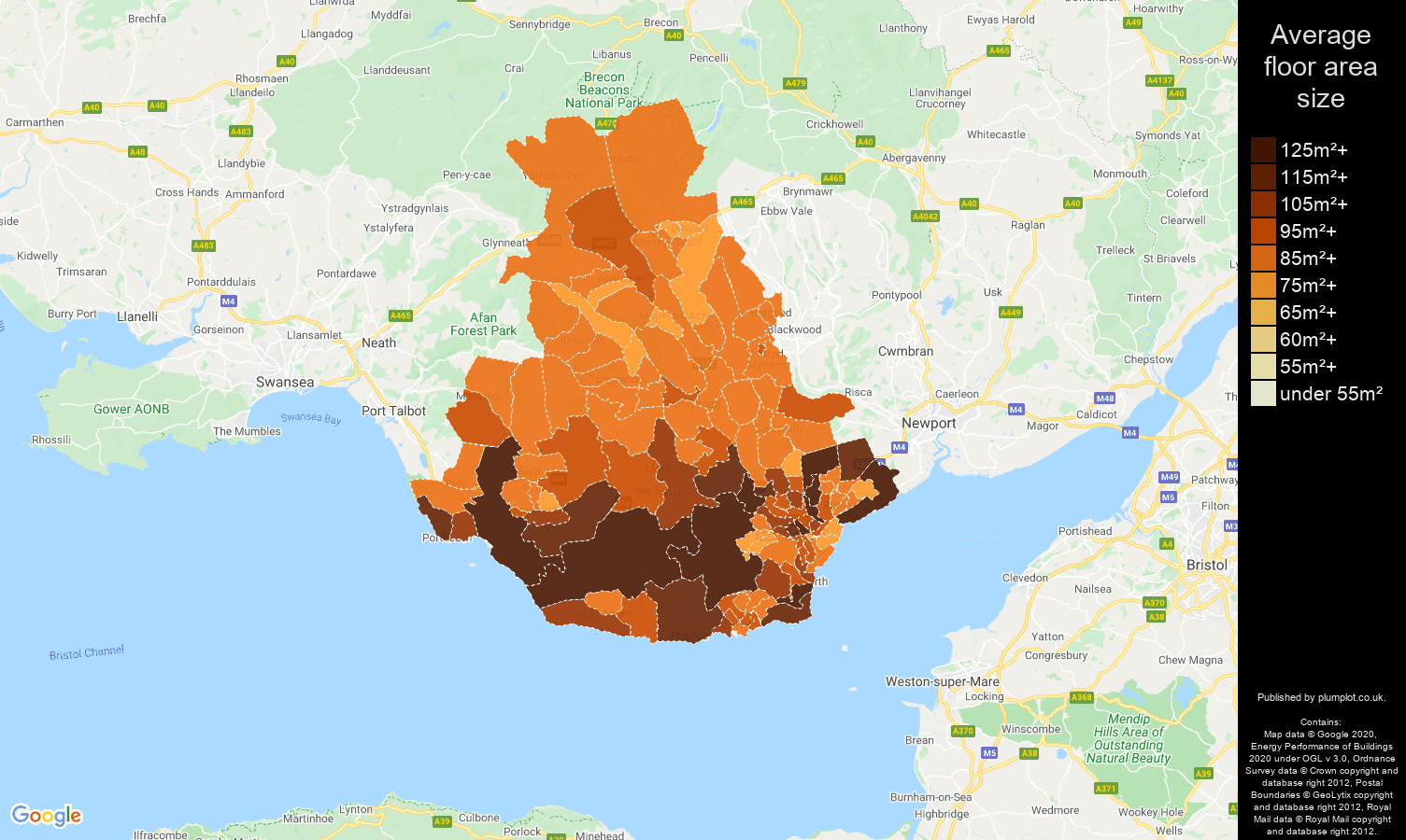 Cardiff map of average floor area size of houses