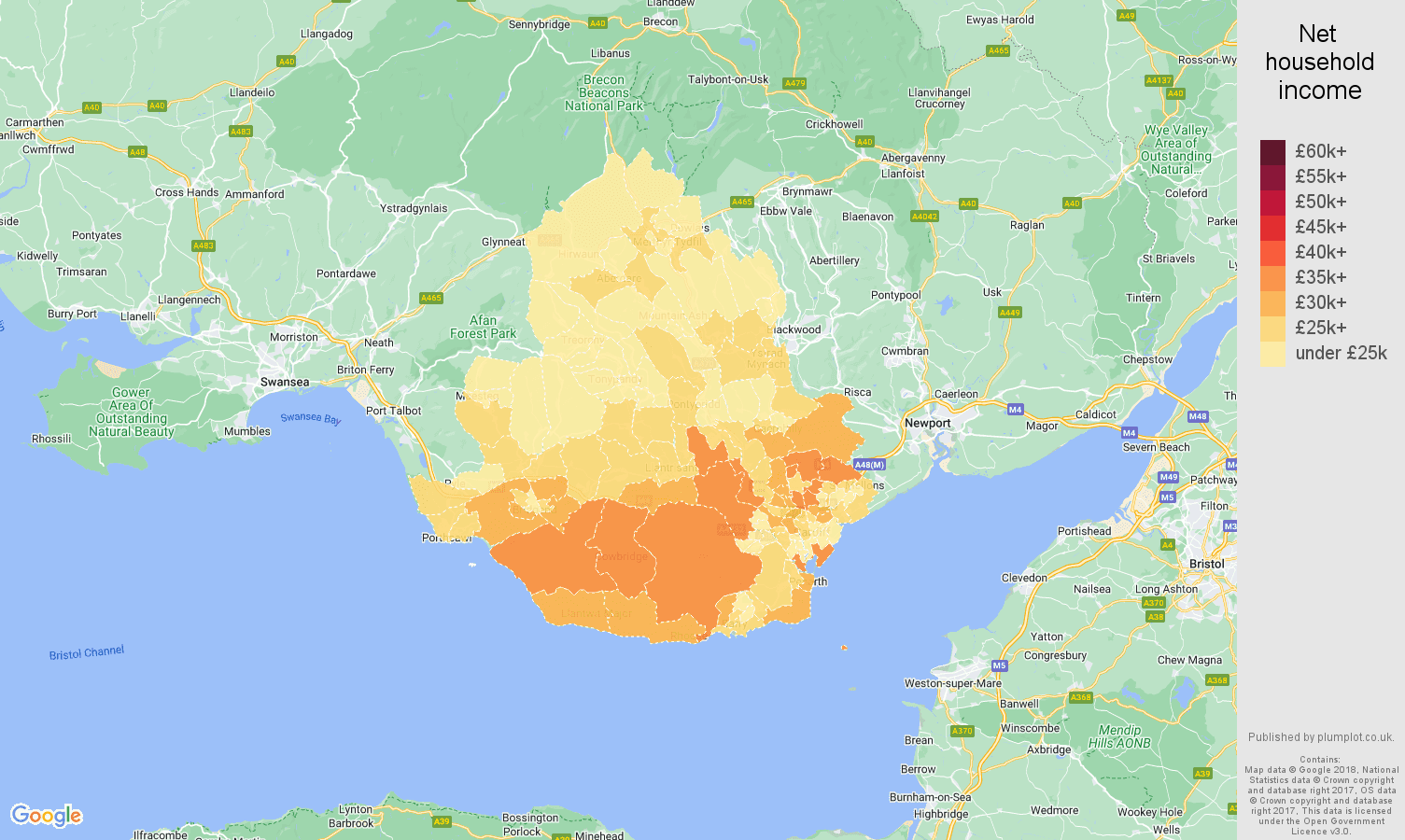 Cardiff net household income map