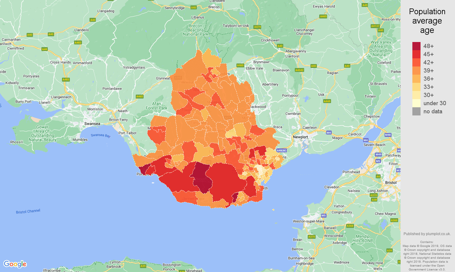 Cardiff population average age map