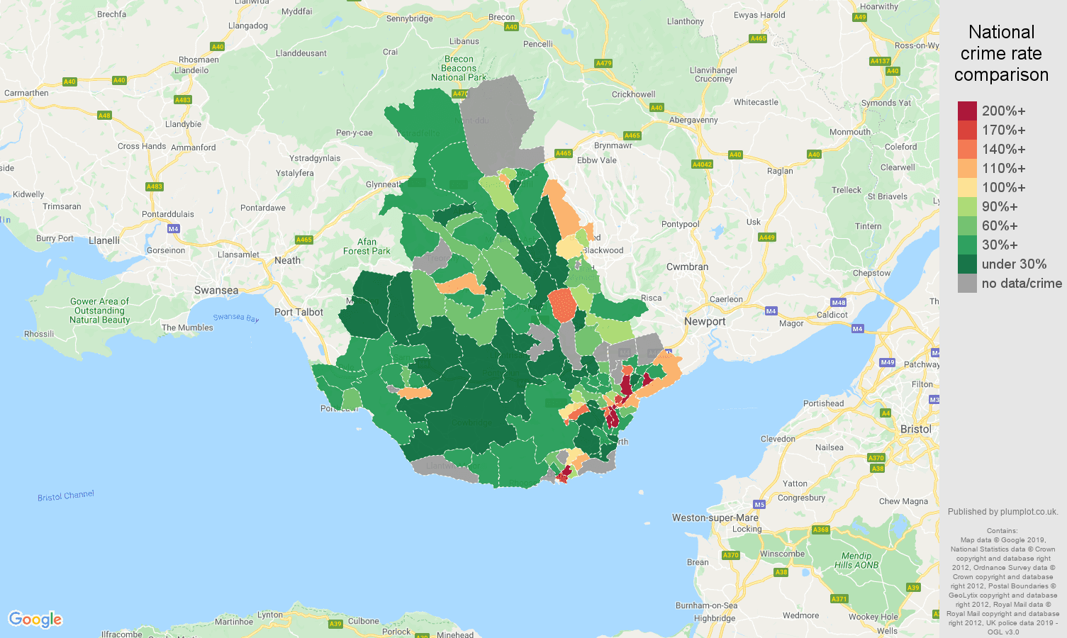 Cardiff possession of weapons crime rate comparison map
