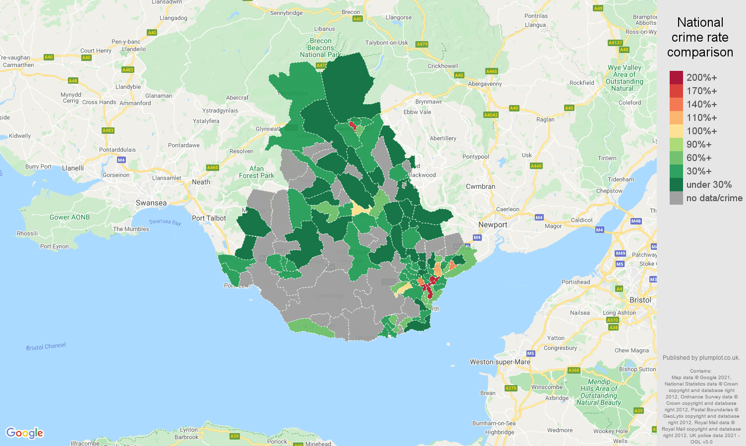 Cardiff theft from the person crime rate comparison map
