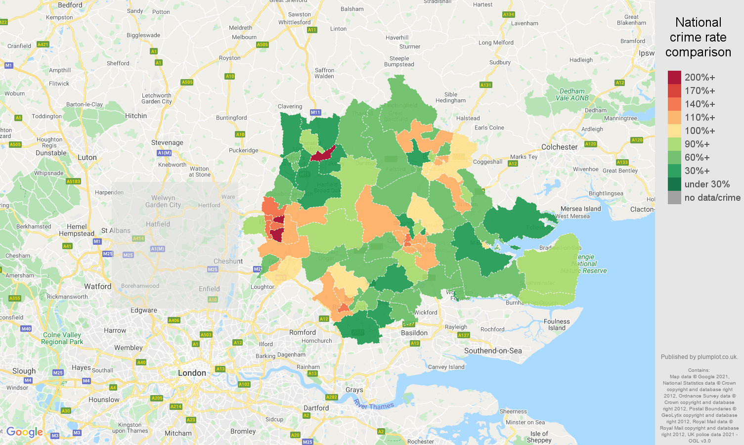 Chelmsford antisocial behaviour crime rate comparison map