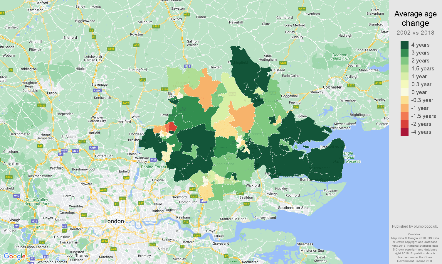 Chelmsford average age change map