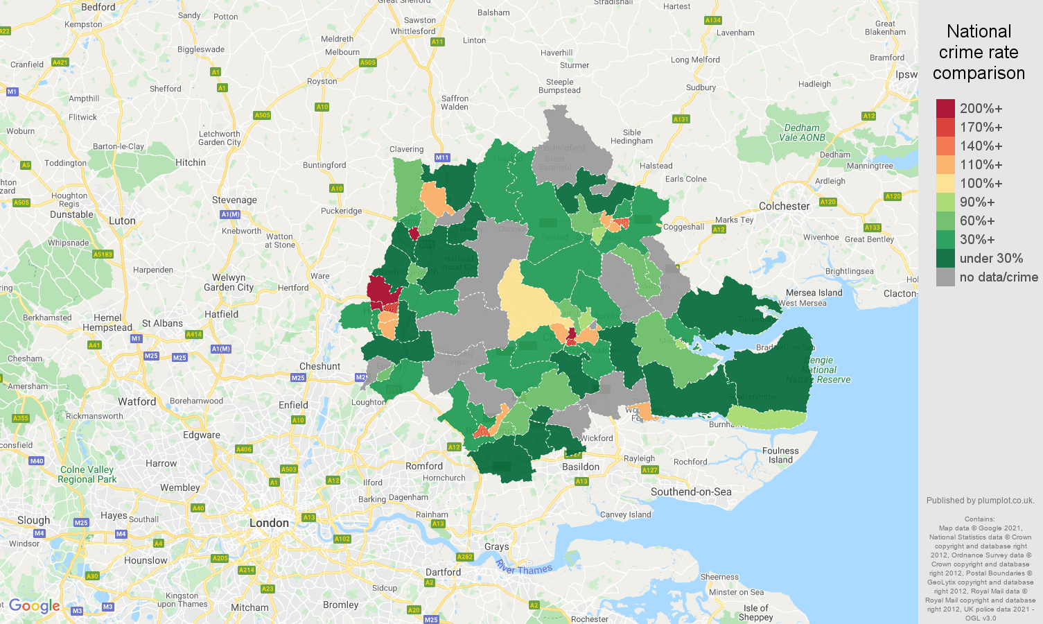 Chelmsford bicycle theft crime rate comparison map