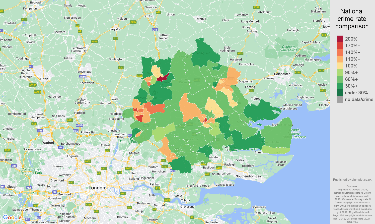 Chelmsford crime rate comparison map