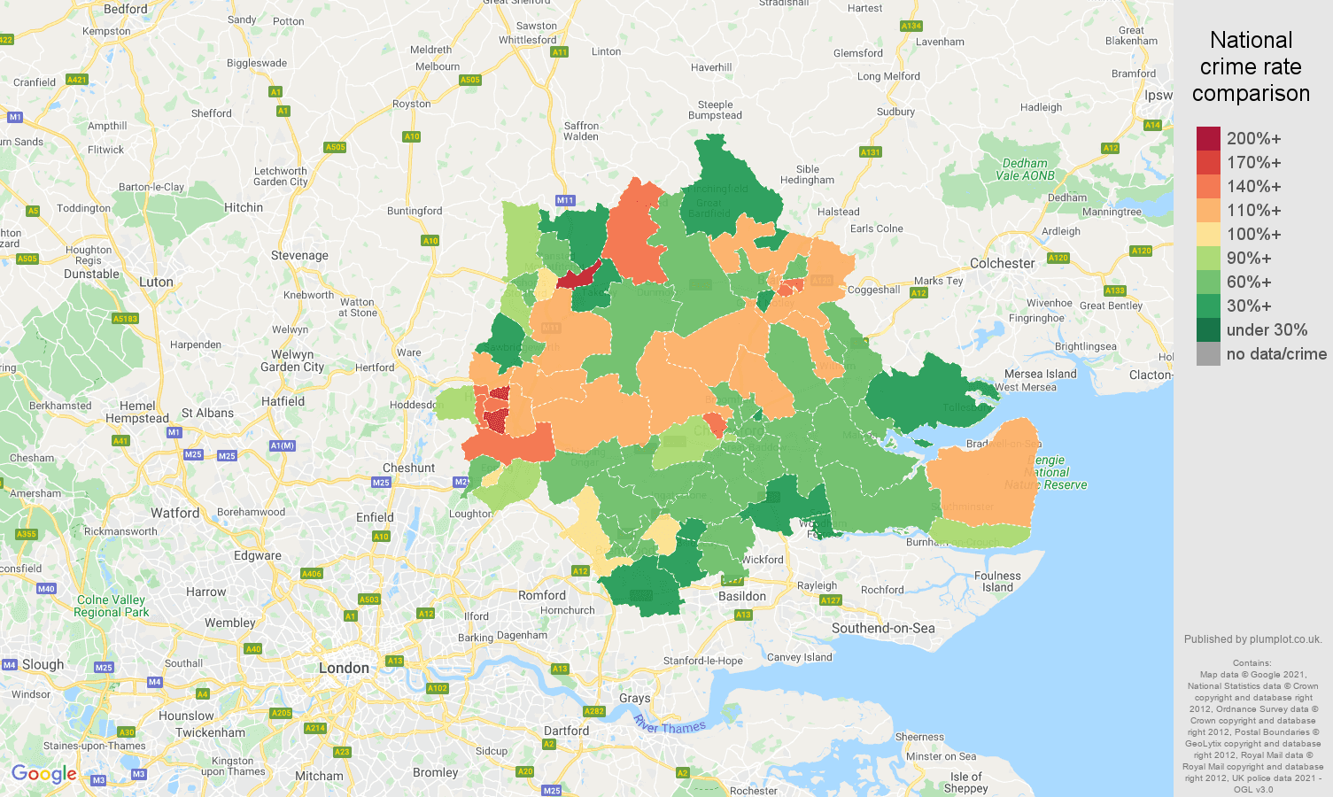 Chelmsford criminal damage and arson crime rate comparison map