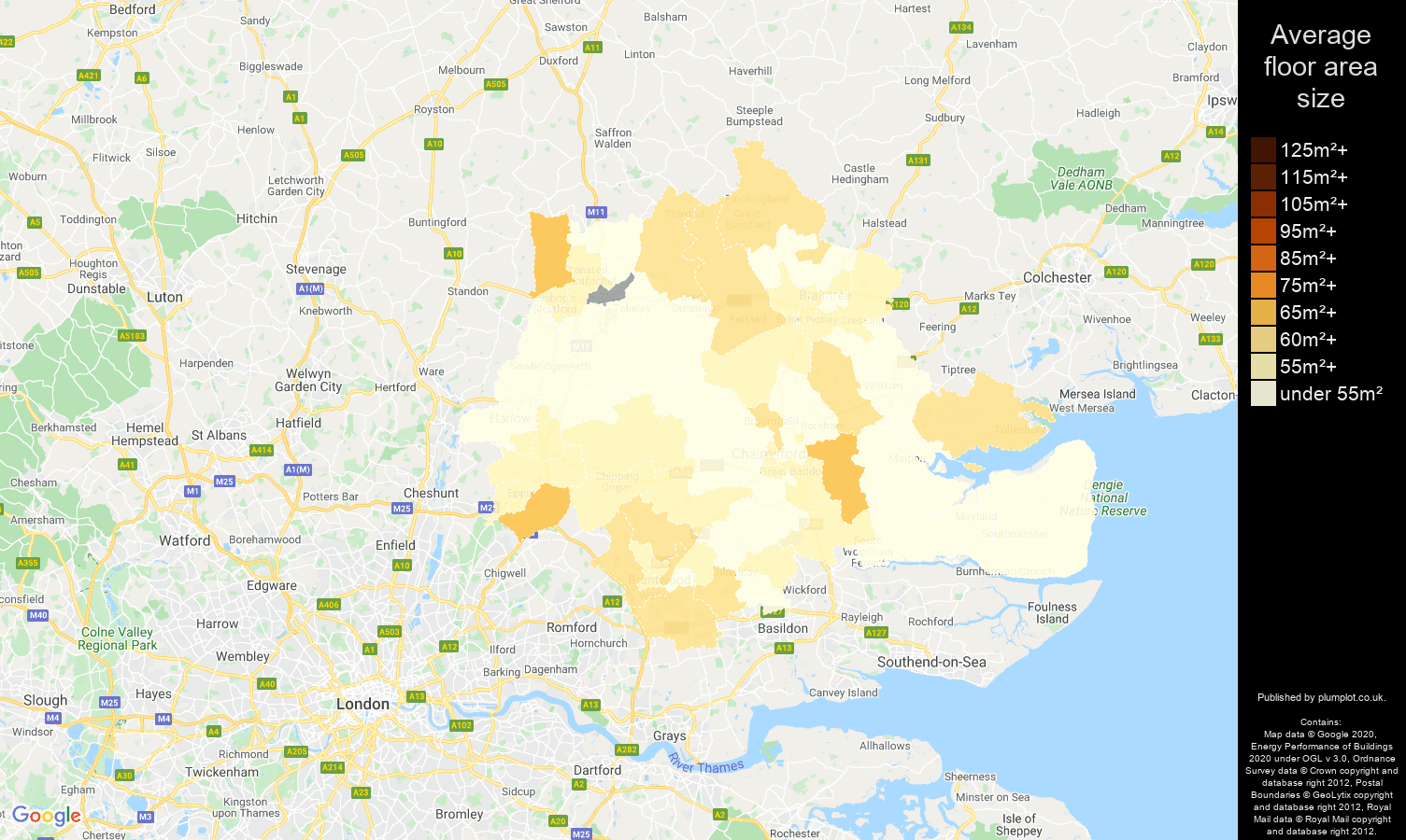 Chelmsford map of average floor area size of flats