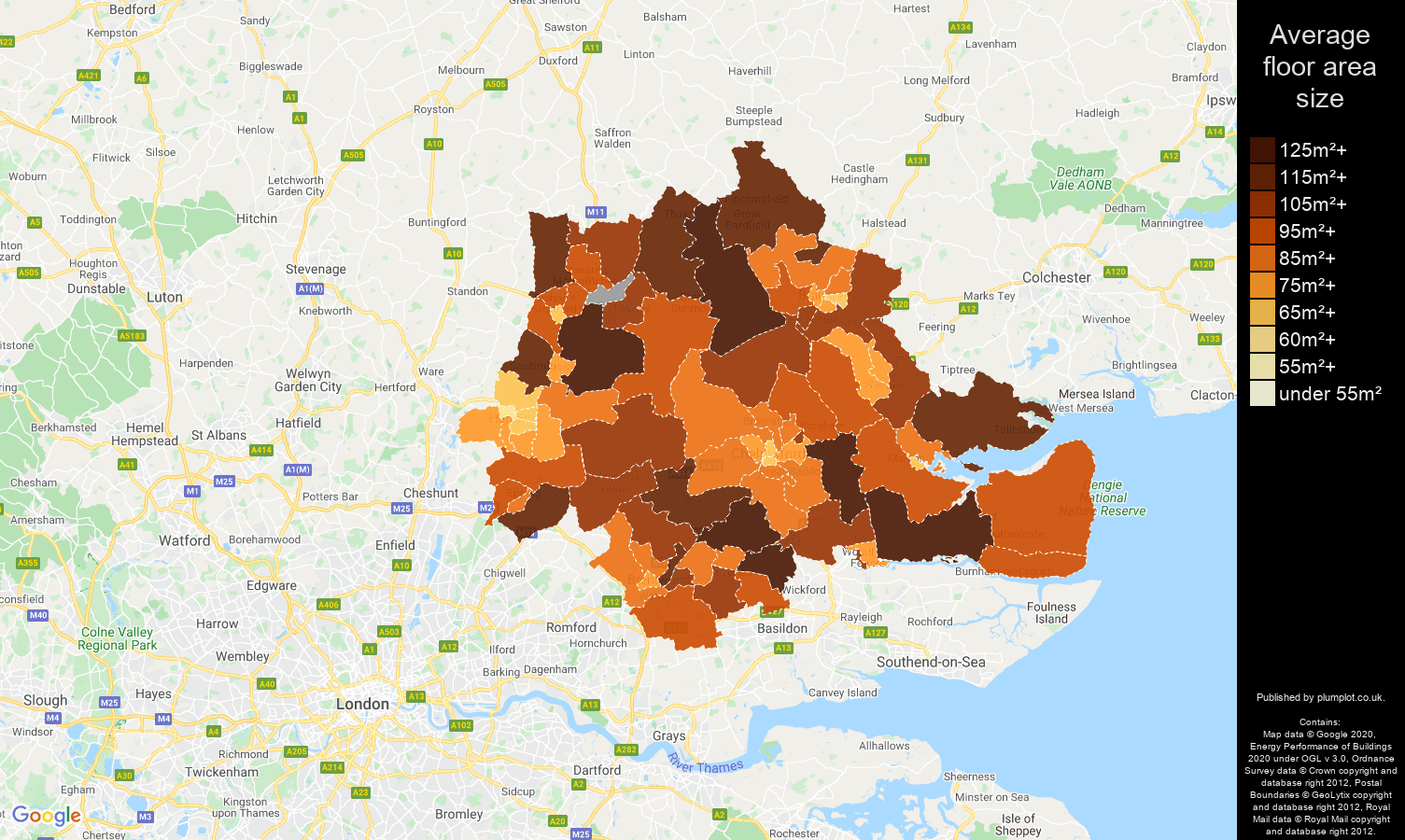 Chelmsford map of average floor area size of properties