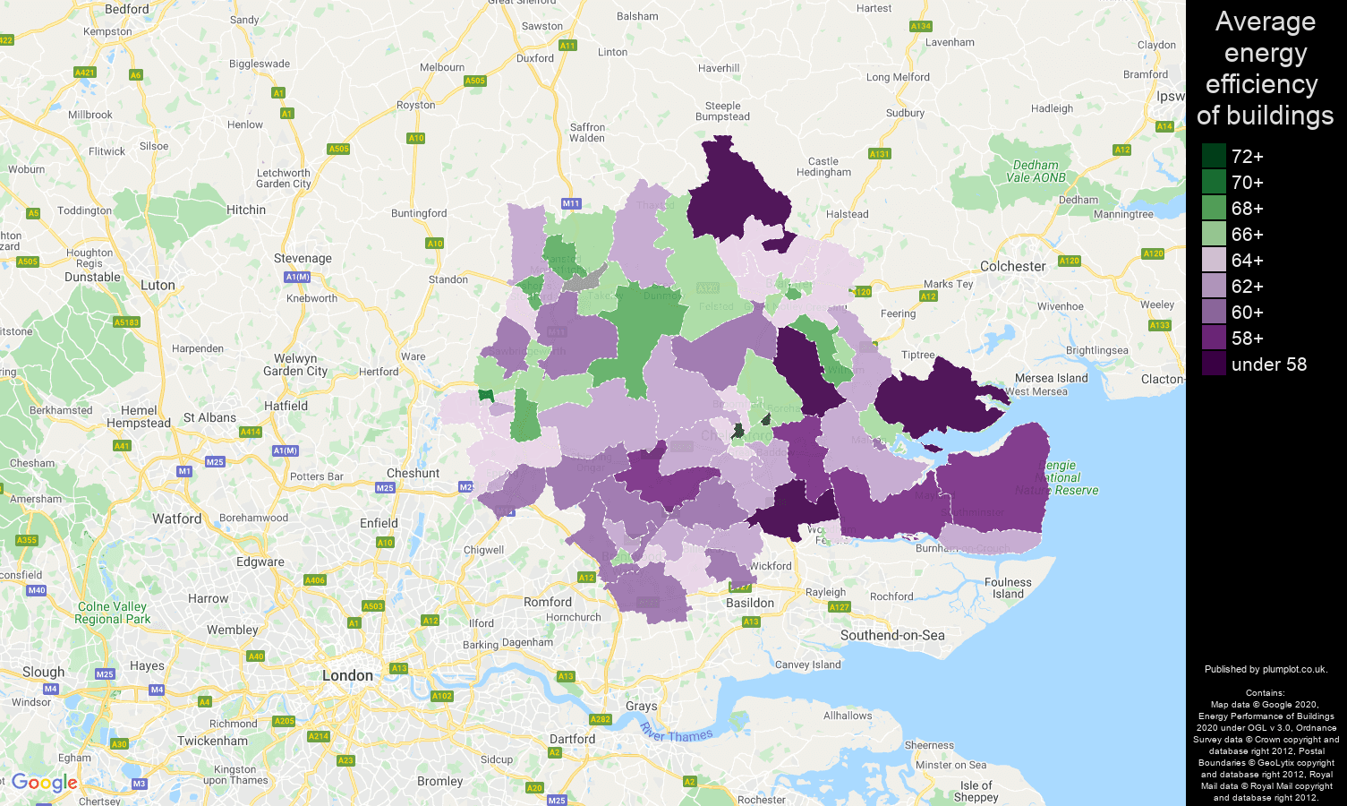 Chelmsford map of energy efficiency of properties