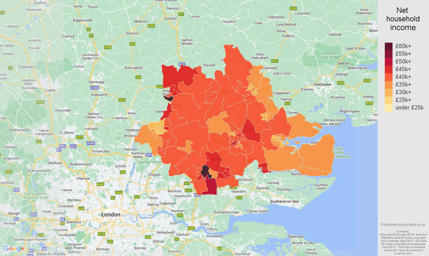 Chelmsford net household income map