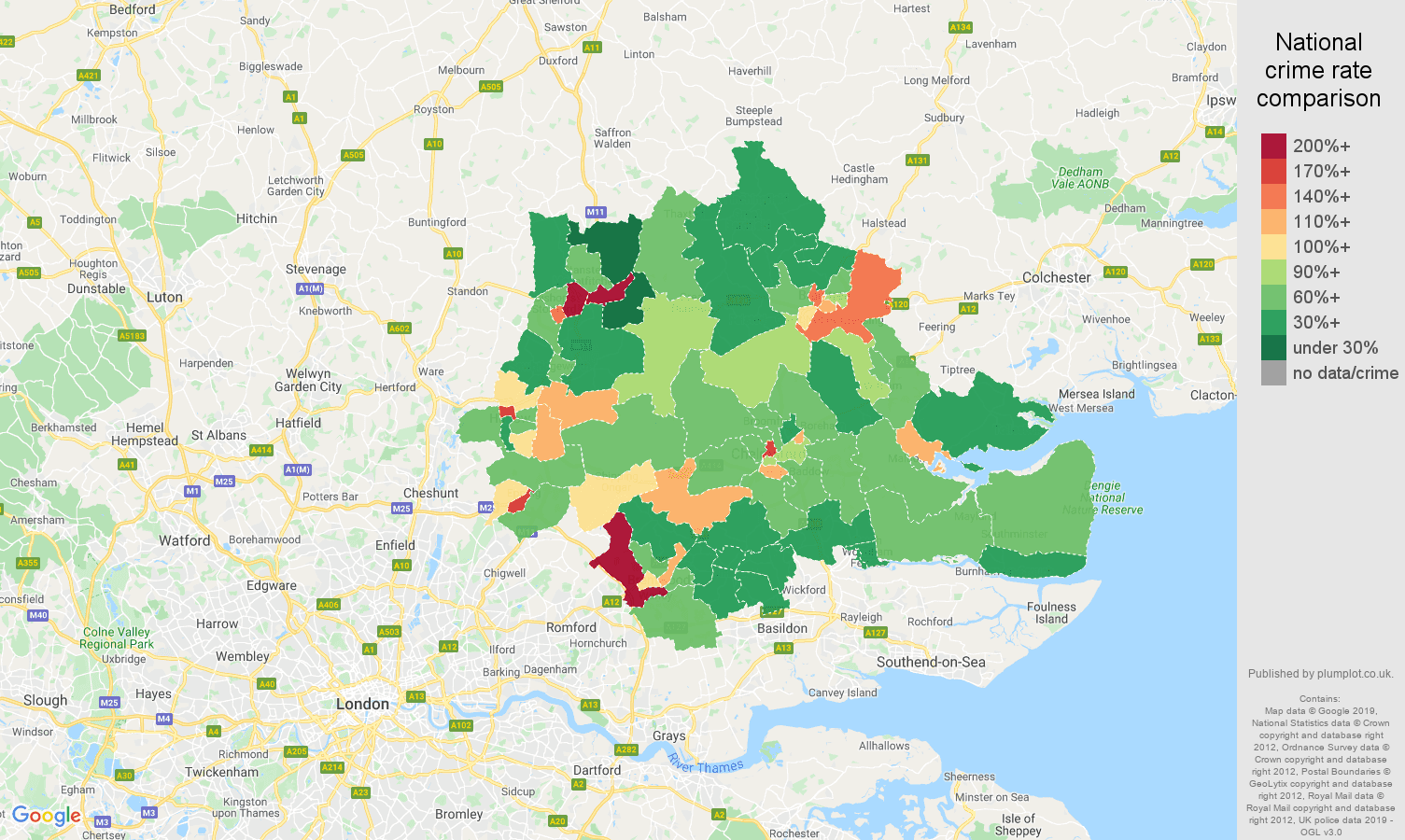 Chelmsford other theft crime rate comparison map