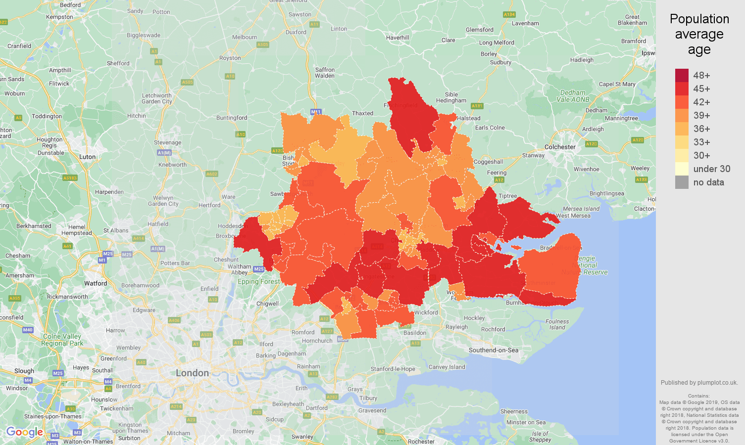 Chelmsford population average age map