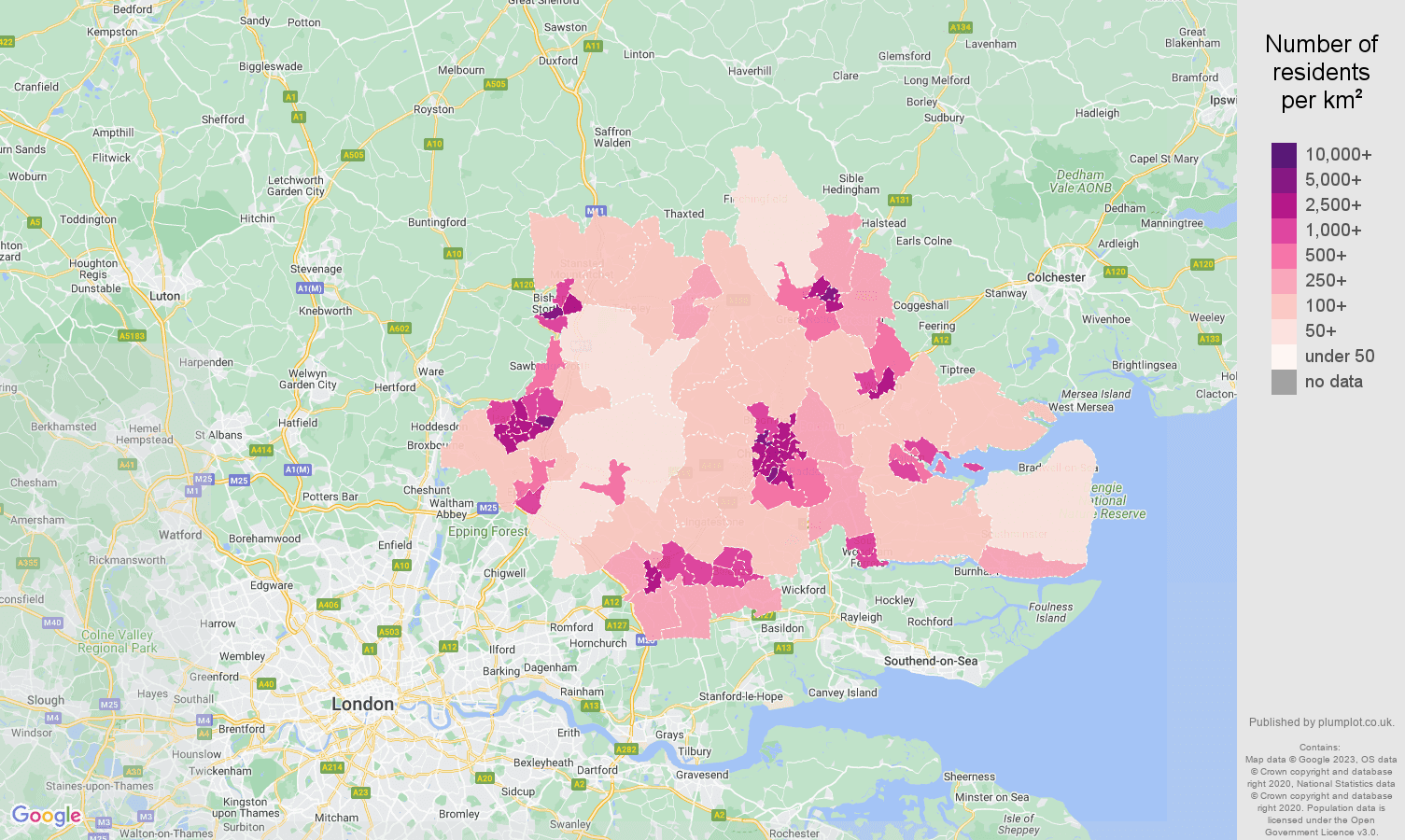 Chelmsford population density map