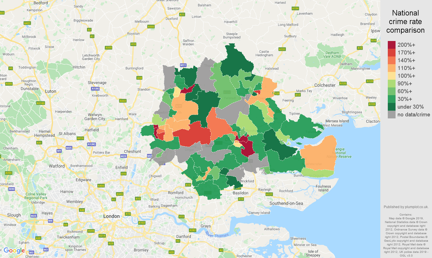 Chelmsford possession of weapons crime rate comparison map