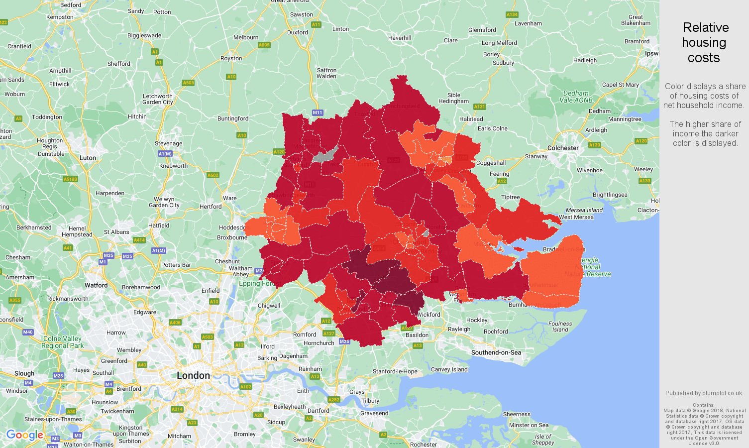 Chelmsford relative housing costs map