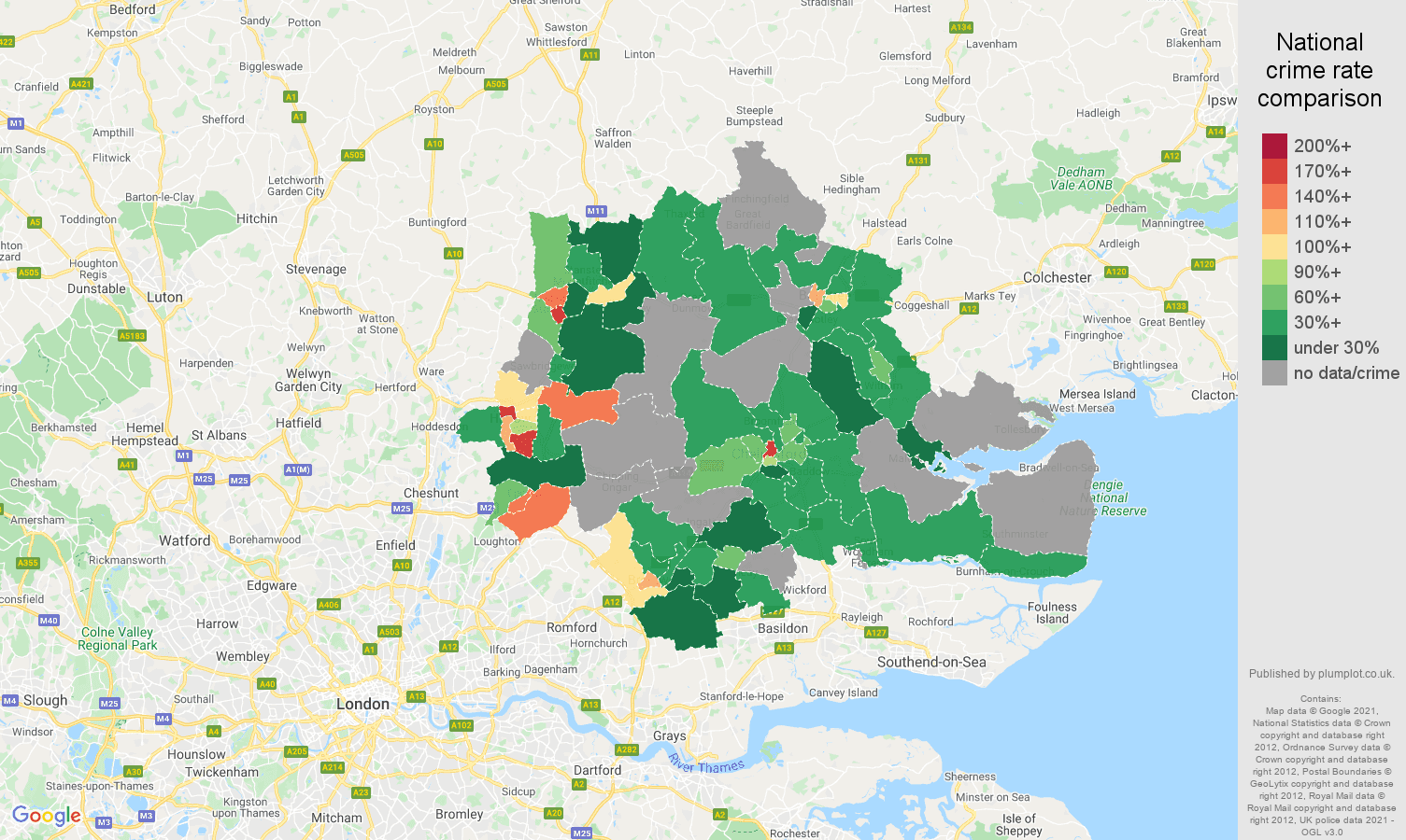 Chelmsford robbery crime rate comparison map