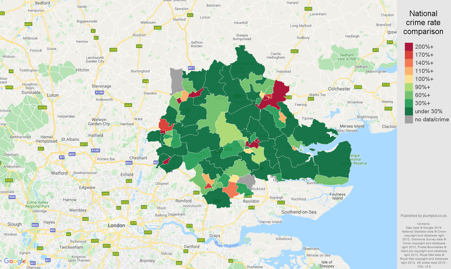 Chelmsford shoplifting crime rate comparison map