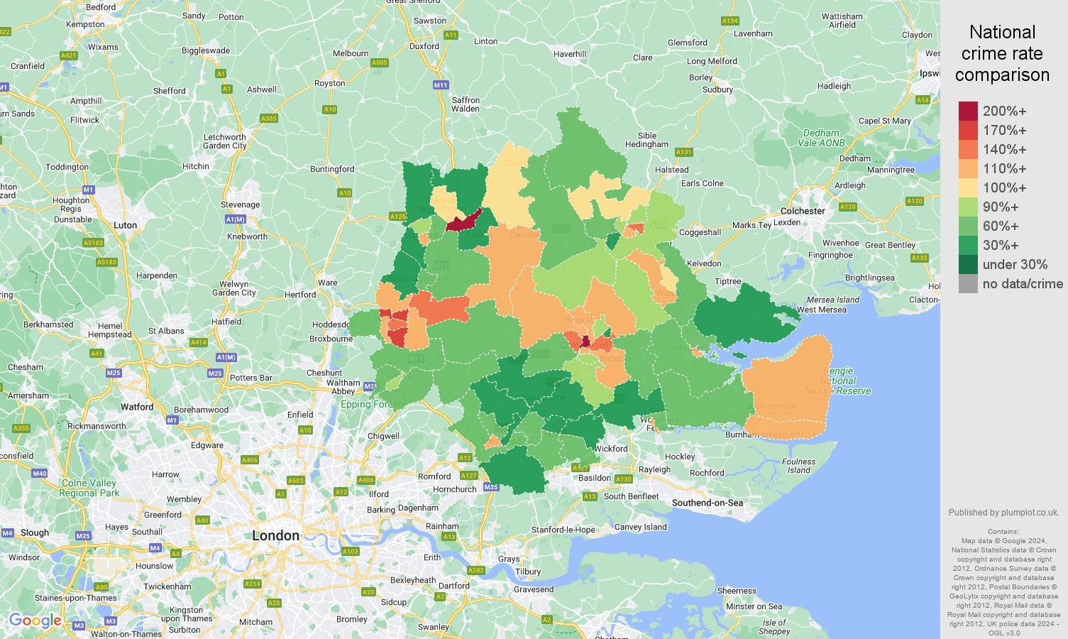 Chelmsford violent crime rate comparison map