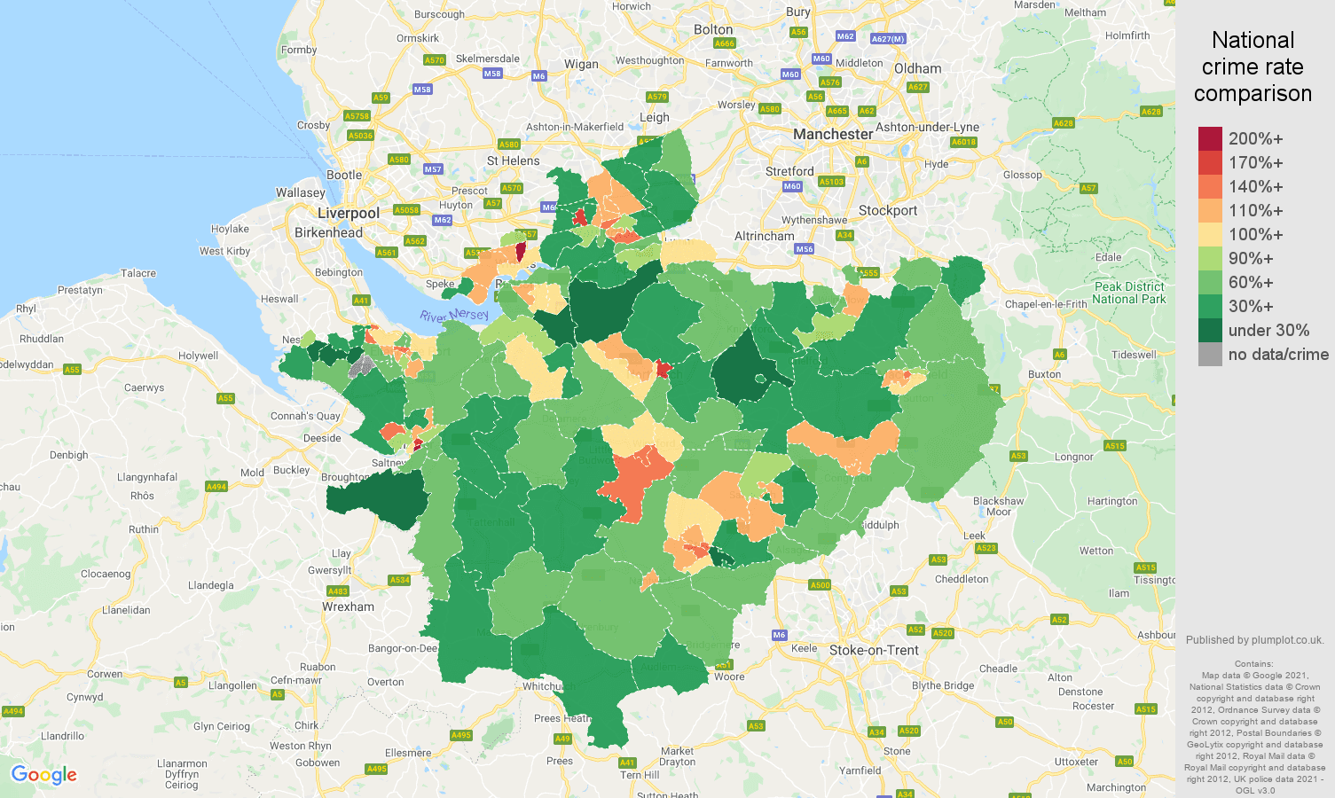 Cheshire antisocial behaviour crime rate comparison map