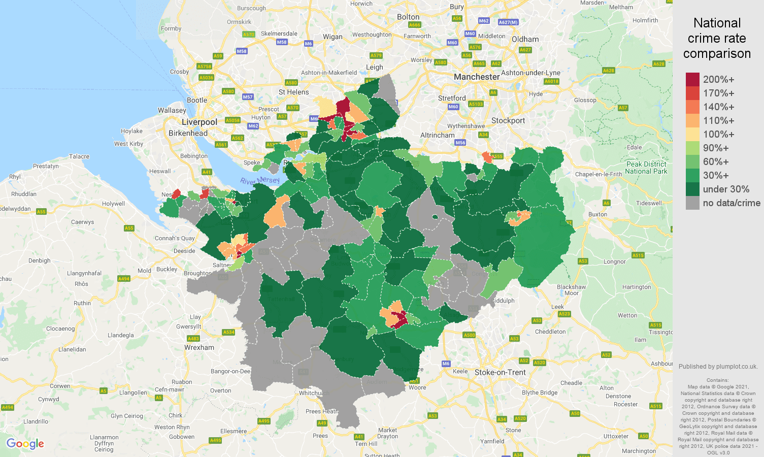 Cheshire bicycle theft crime rate comparison map