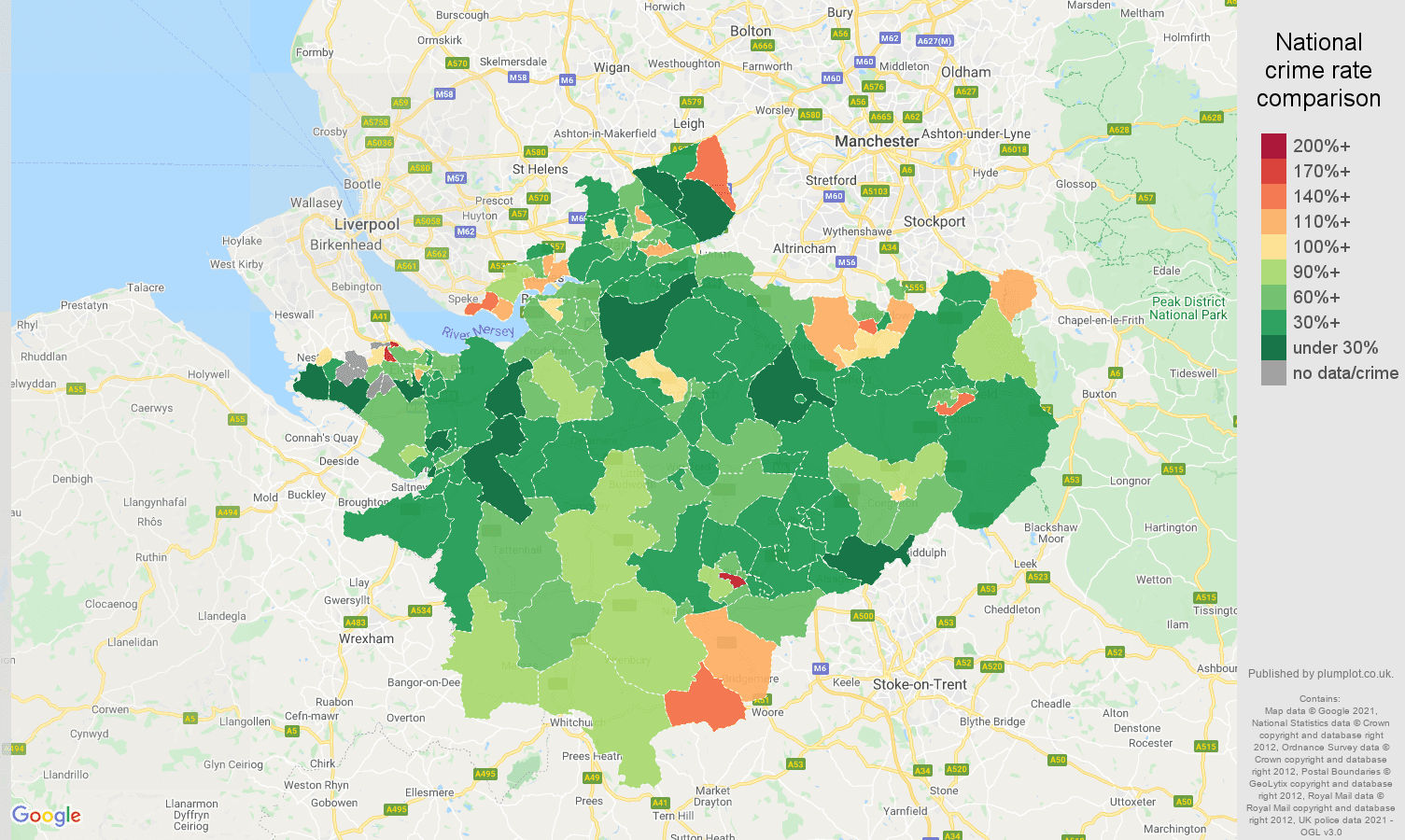 Cheshire burglary crime rate comparison map