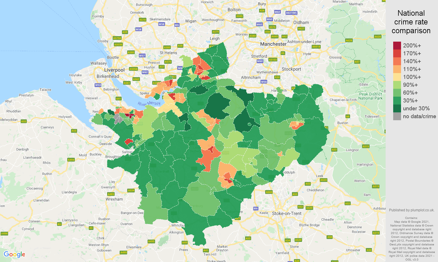 Cheshire criminal damage and arson crime rate comparison map