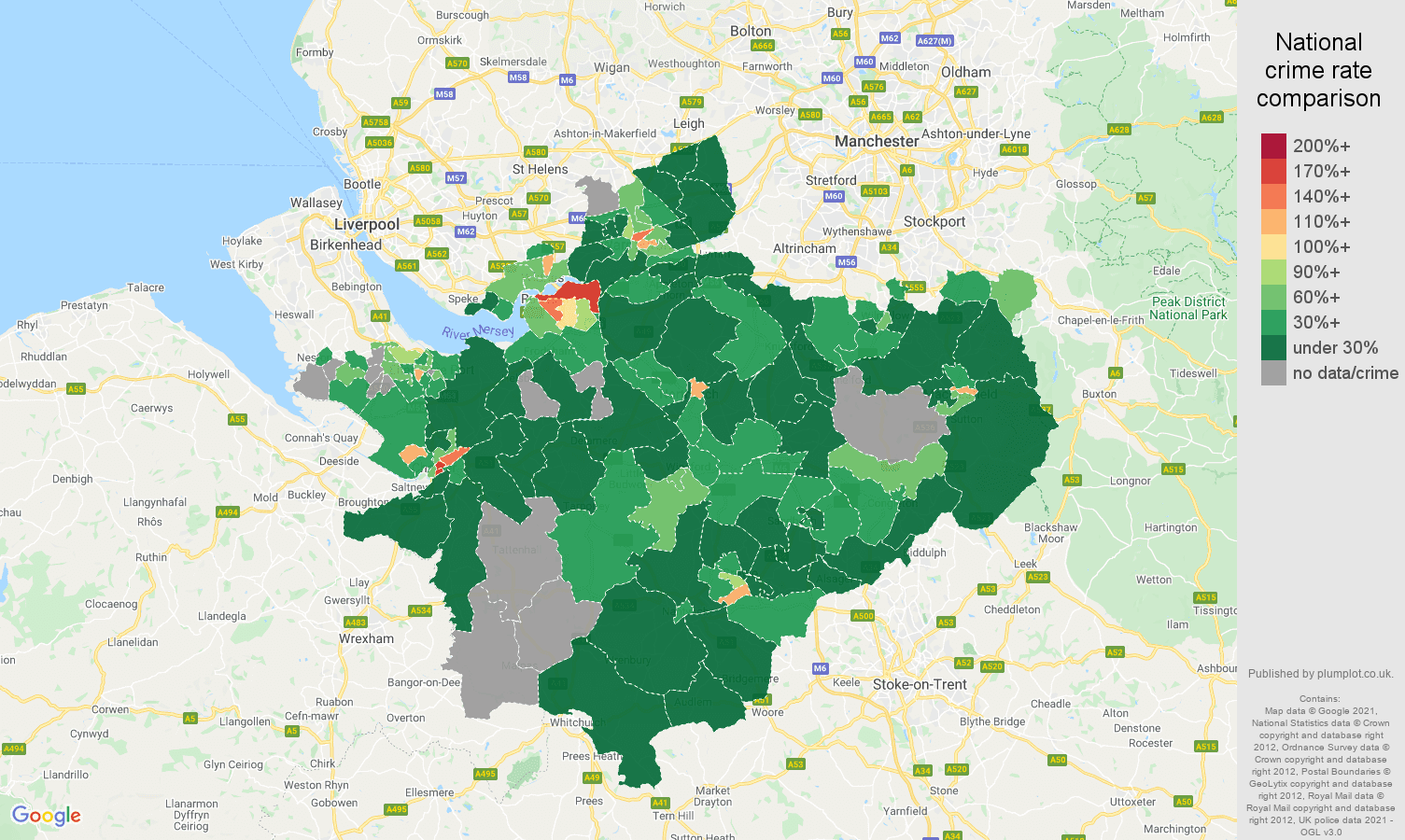 Cheshire drugs crime rate comparison map