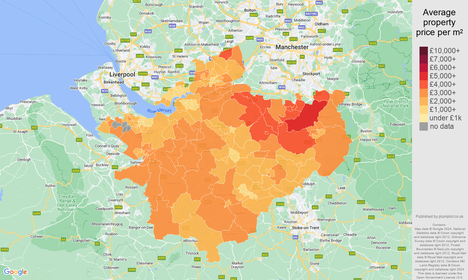 Cheshire house prices per square metre map