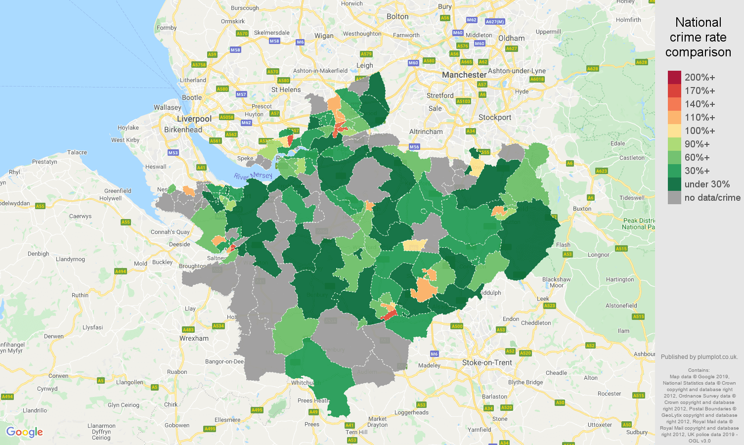 Cheshire possession of weapons crime rate comparison map