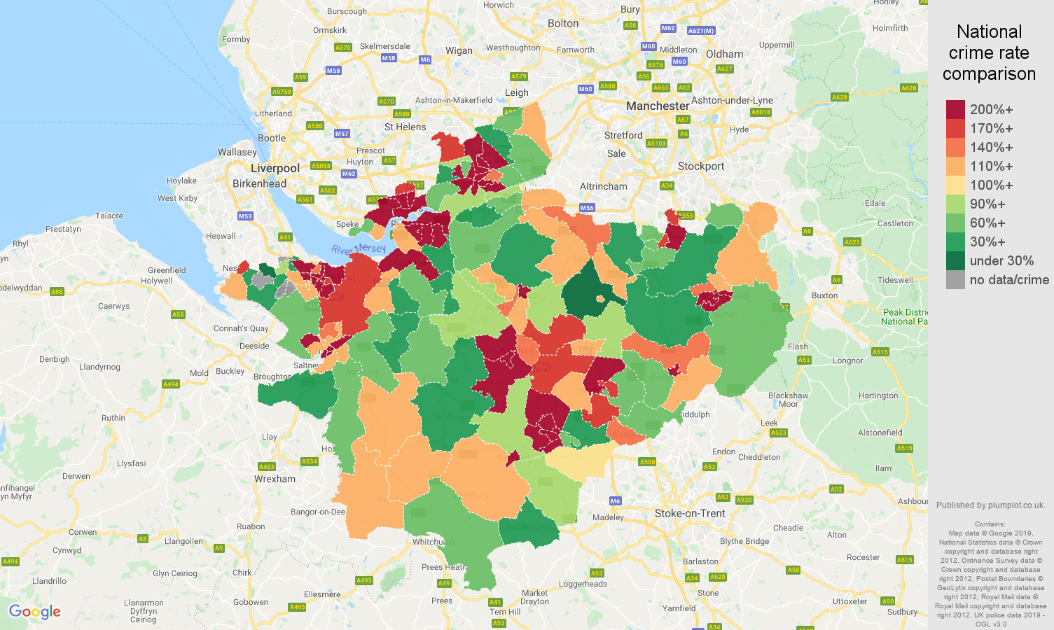 Cheshire public order crime rate comparison map