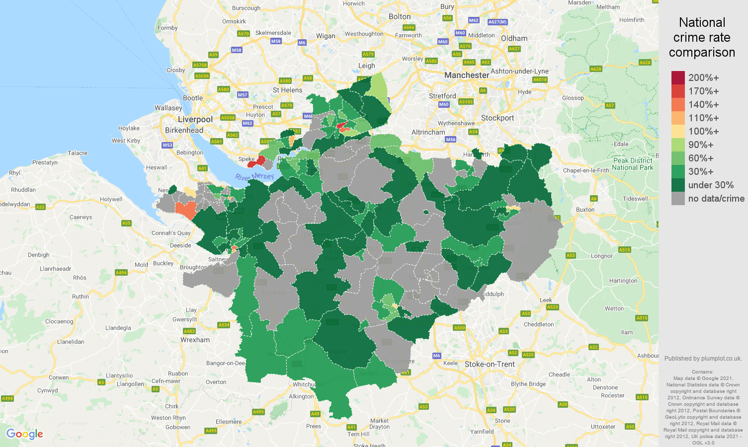 Cheshire robbery crime rate comparison map