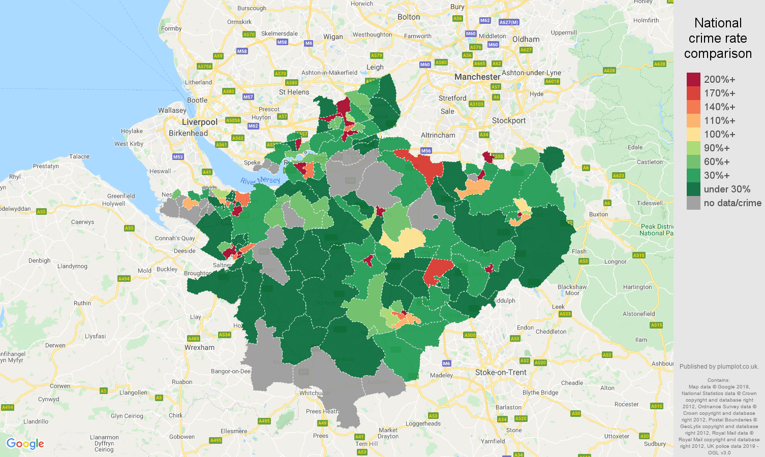 Cheshire shoplifting crime rate comparison map