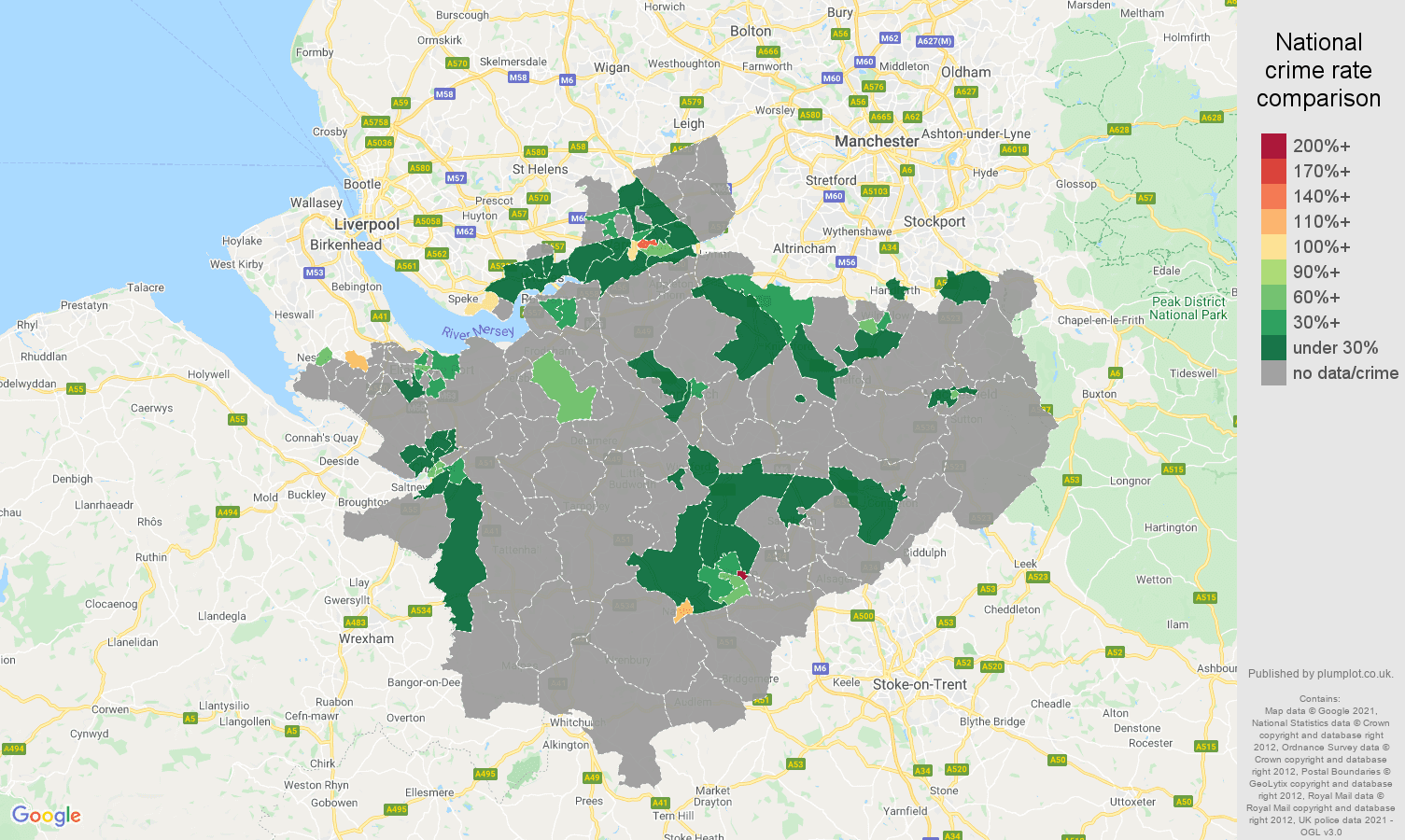 Cheshire theft from the person crime rate comparison map