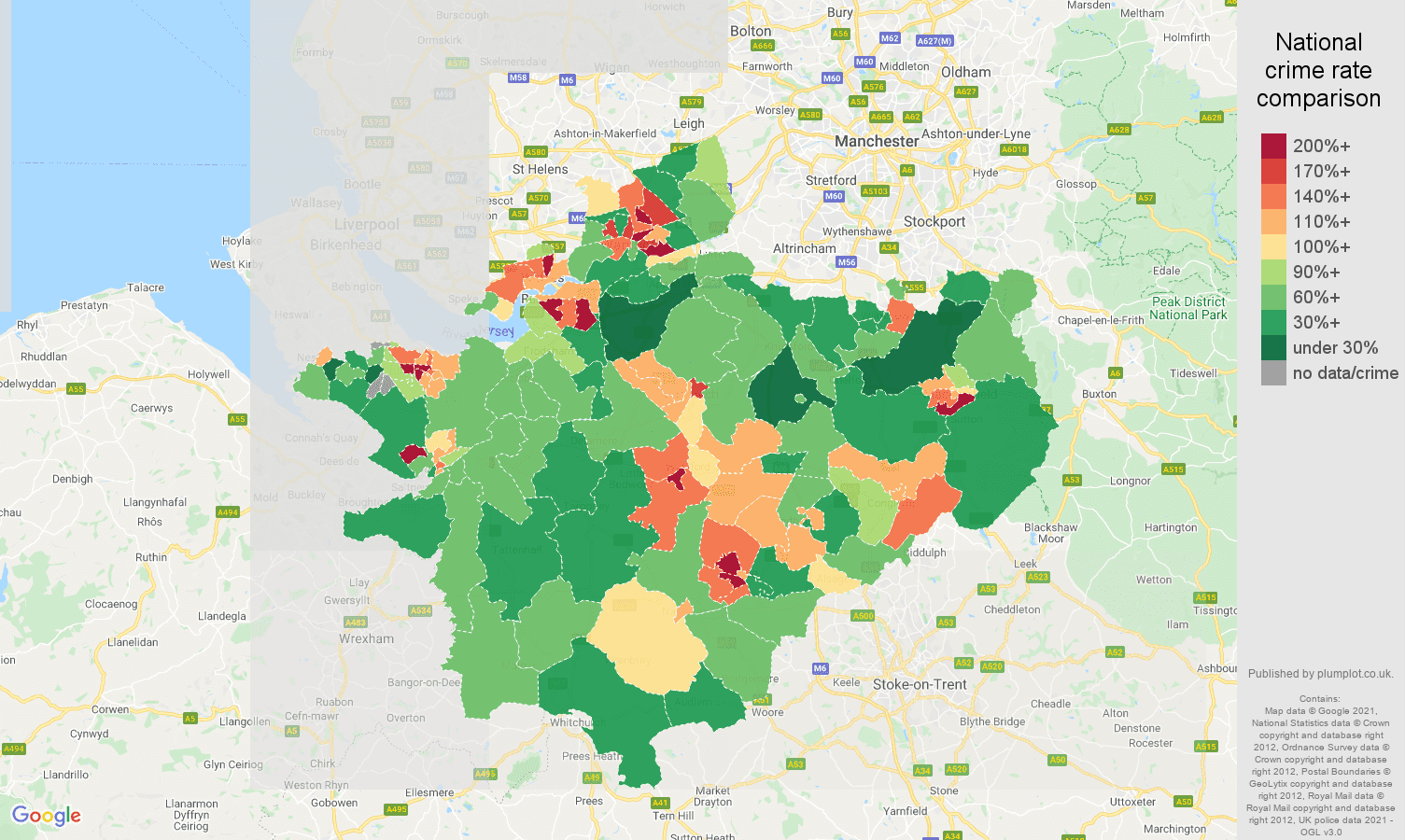 Cheshire violent crime rate comparison map