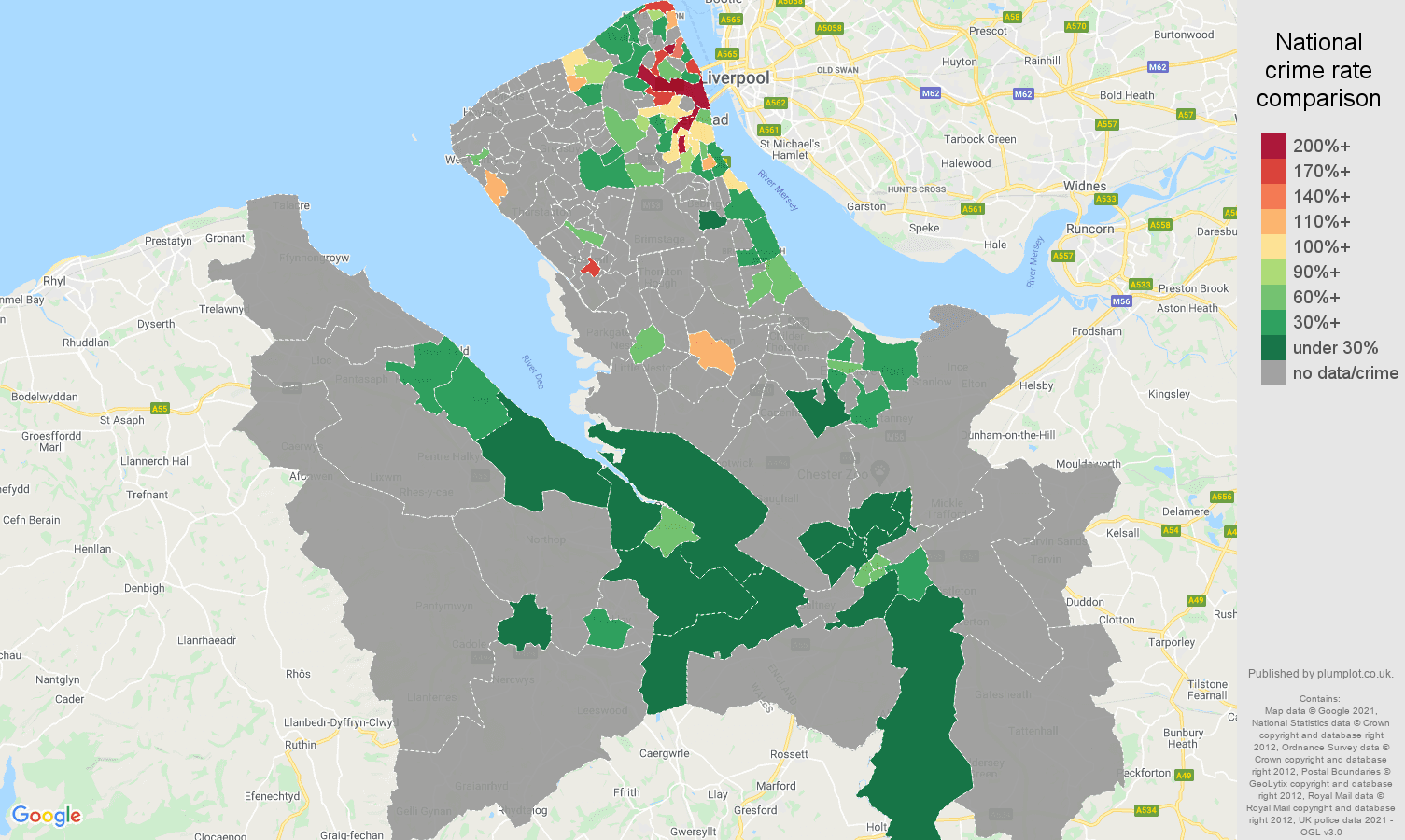 Chester theft from the person crime rate comparison map