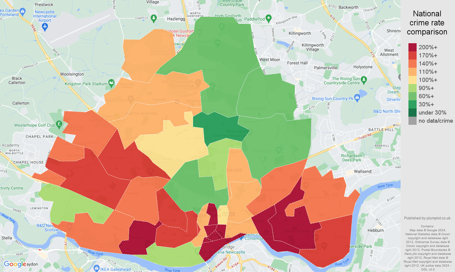 Newcastle upon Tyne crime rate comparison map