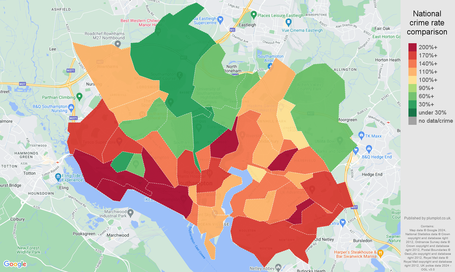 Southampton crime rate comparison map