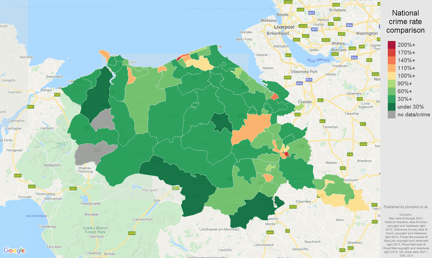 Clwyd burglary crime rate comparison map
