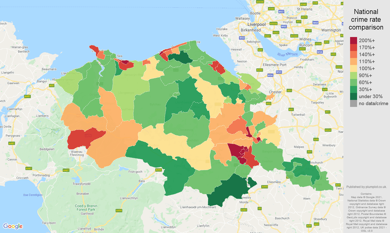 Clwyd criminal damage and arson crime rate comparison map