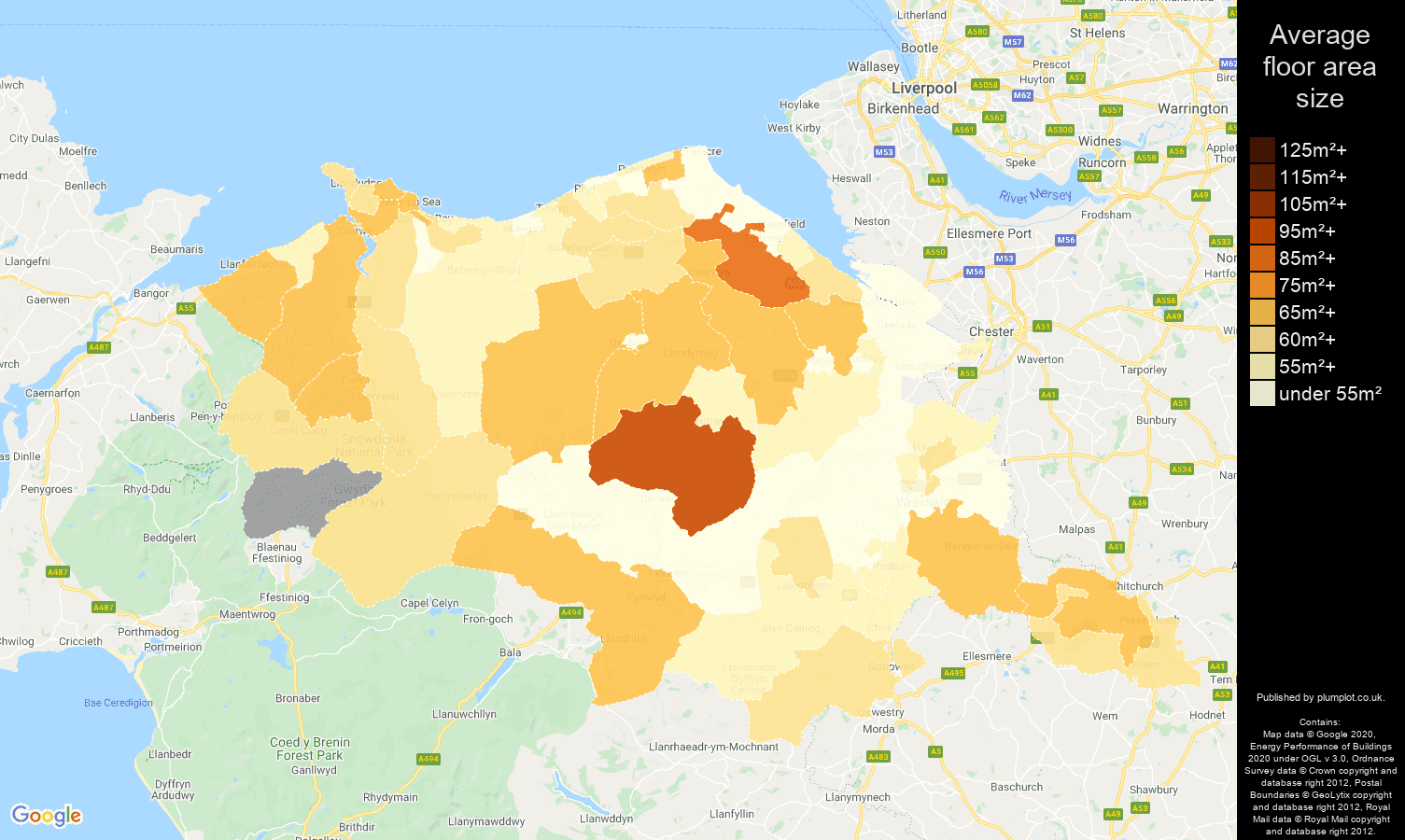 Clwyd map of average floor area size of flats