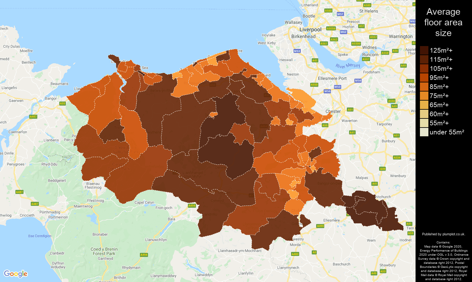 Clwyd map of average floor area size of houses