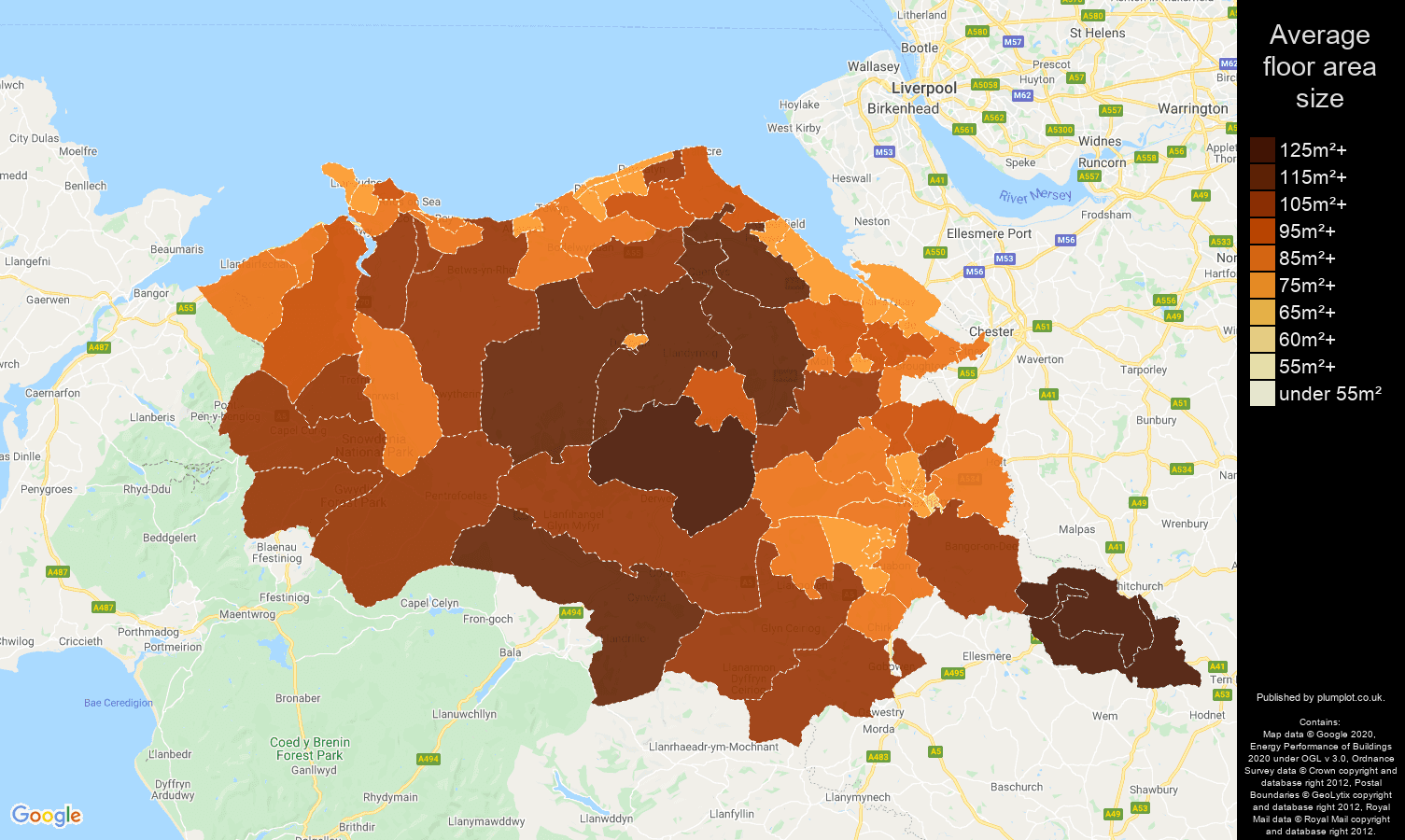 Clwyd map of average floor area size of properties