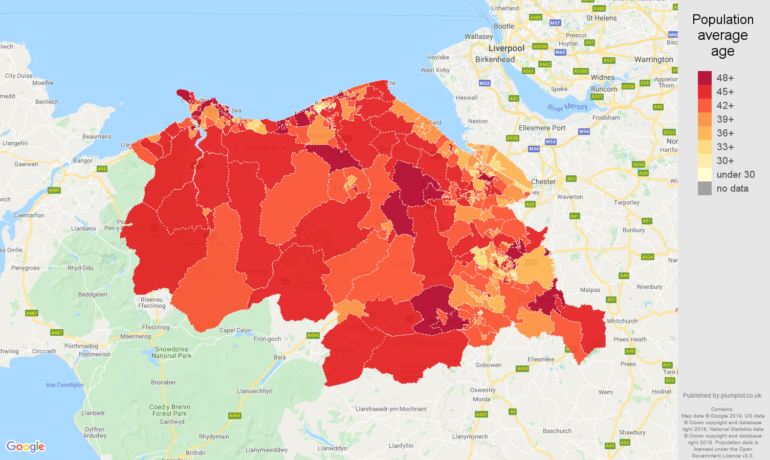 Clwyd population average age map