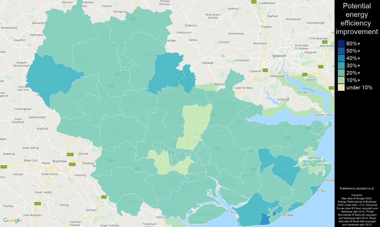 Colchester map of potential energy efficiency improvement of houses