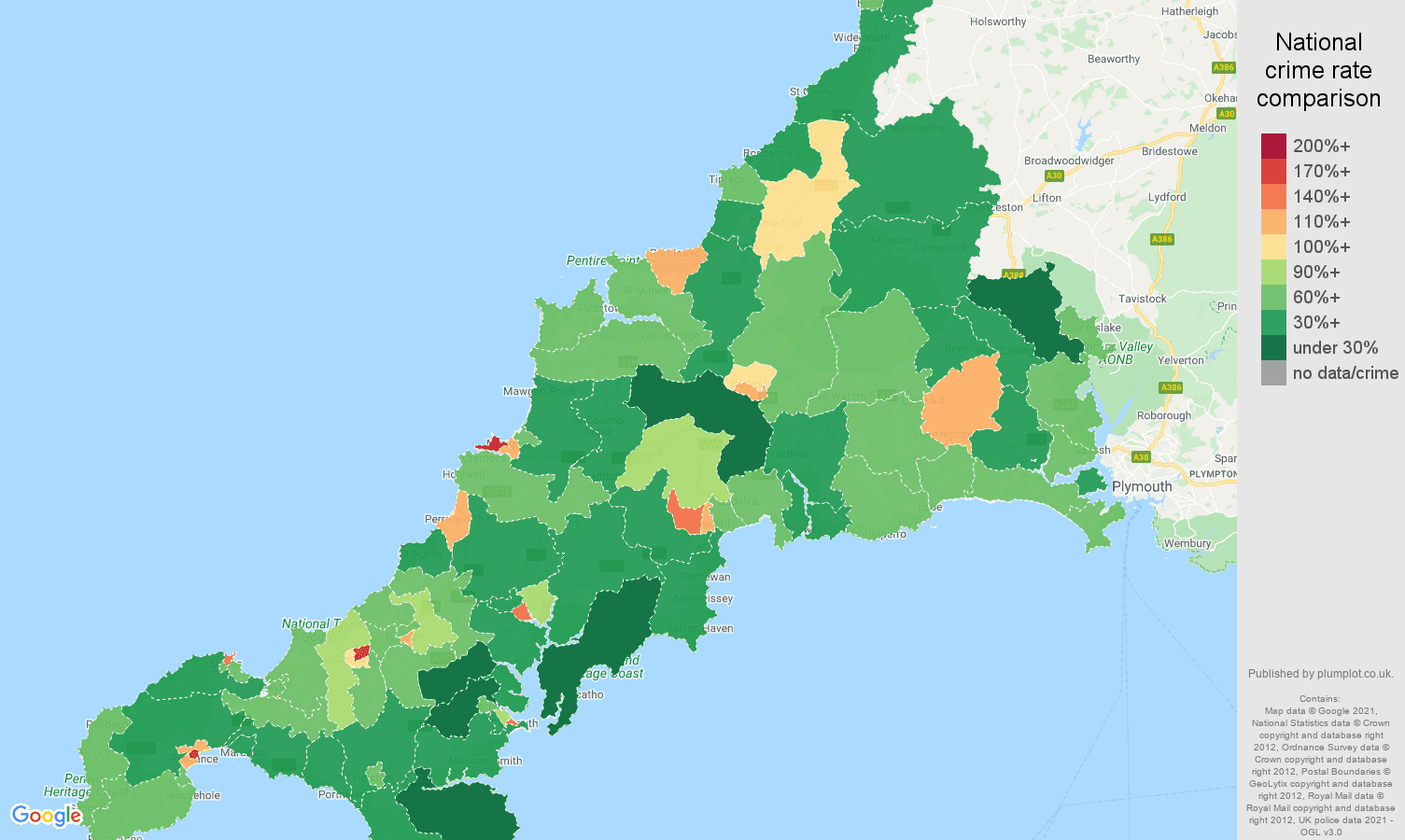 Cornwall antisocial behaviour crime rate comparison map