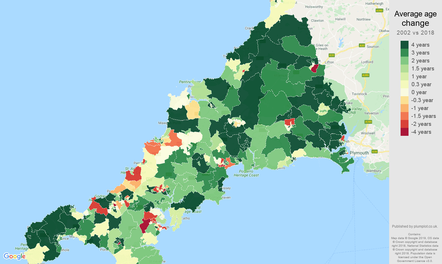 Cornwall average age change map